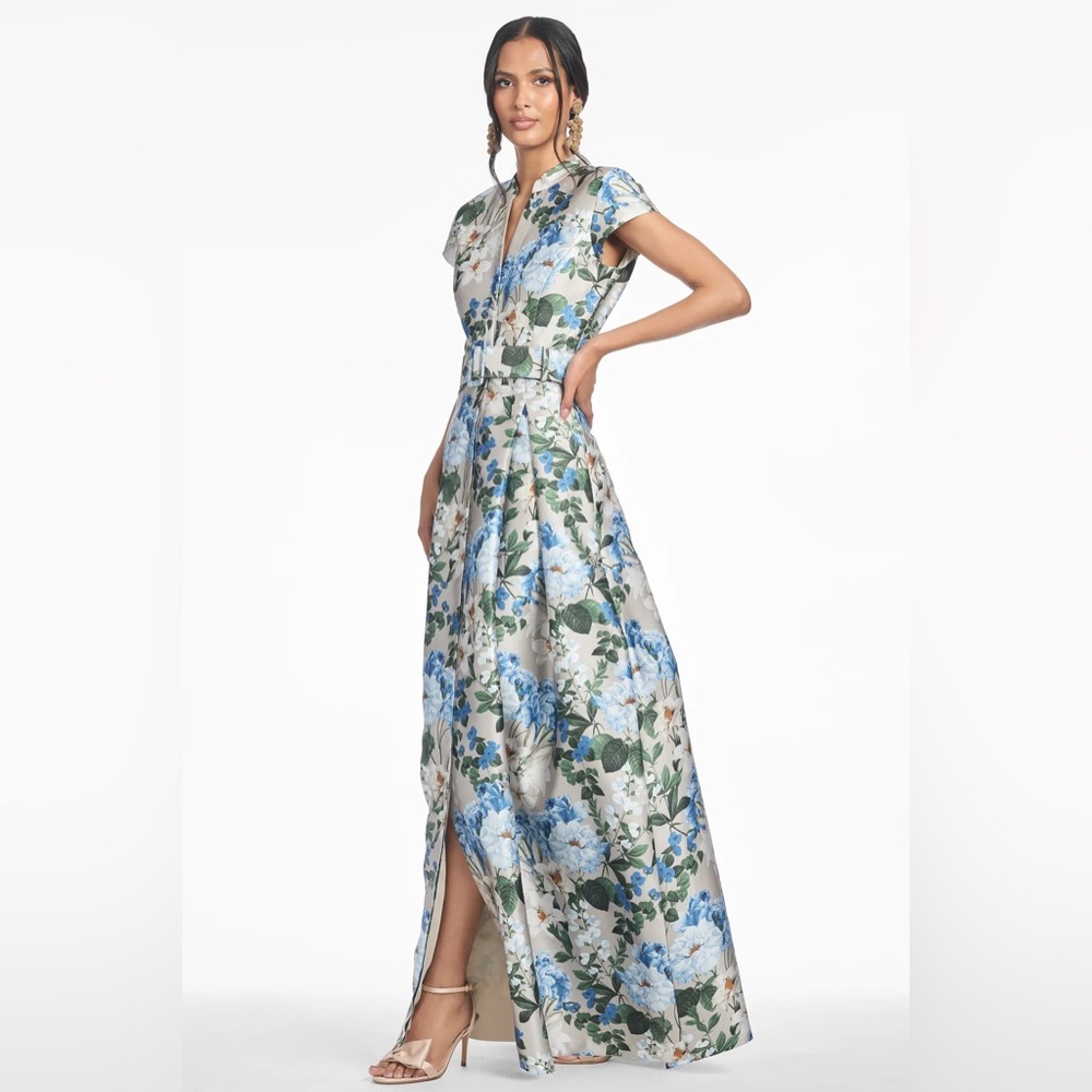 Sachin + Babi Cream Maxi Dress with Blue Floral Print and Green Leaves - Picture 3 of 9